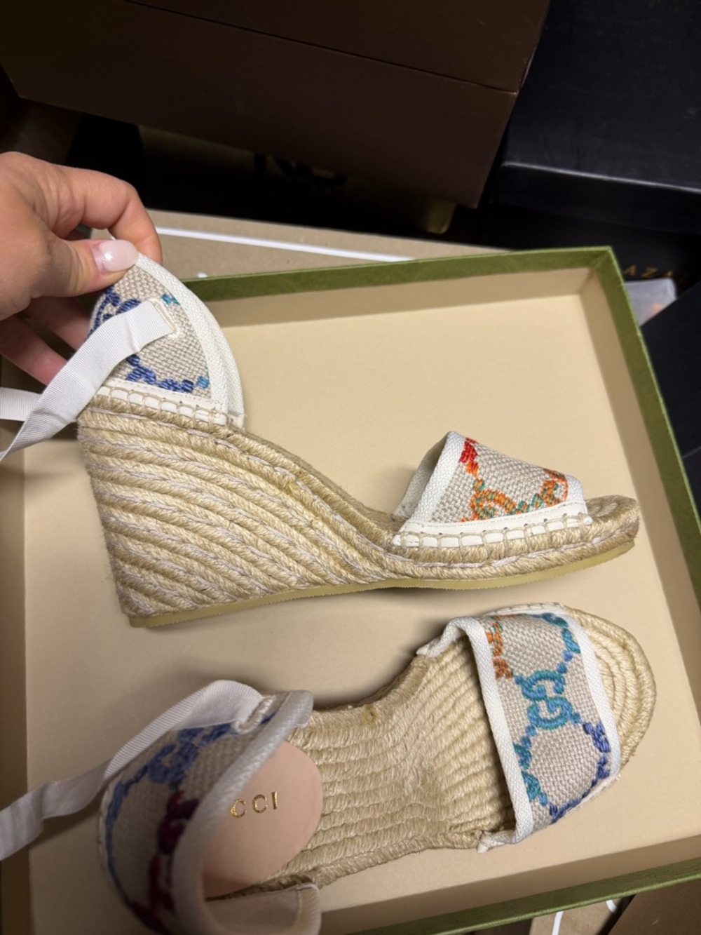 Gucci Multicolor GG Canvas Espadrille Wedge Sandals - Picture 6 of 9